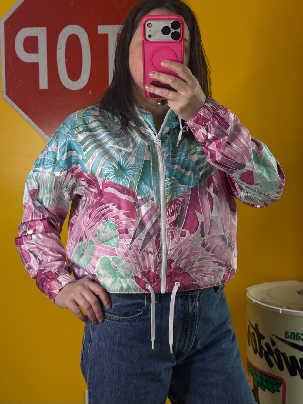 Nike crop floral tropical jacket size medium full zip light weight summer coat